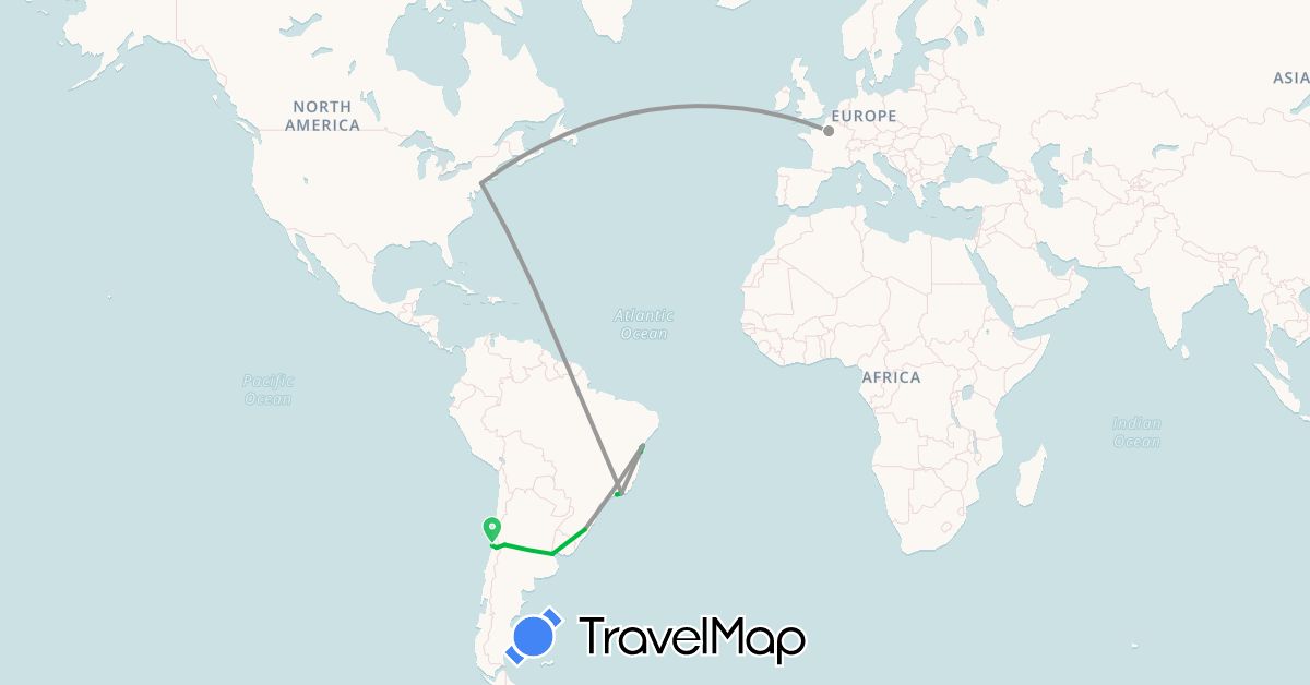TravelMap itinerary: bus, plane, boat in Argentina, Brazil, Chile, France, United States (Europe, North America, South America)